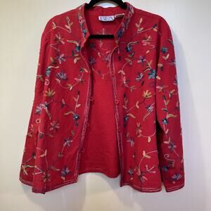 BFA Classics Red Jacket Women's Large Floral Embroidered Boho Cottagecore Fairy